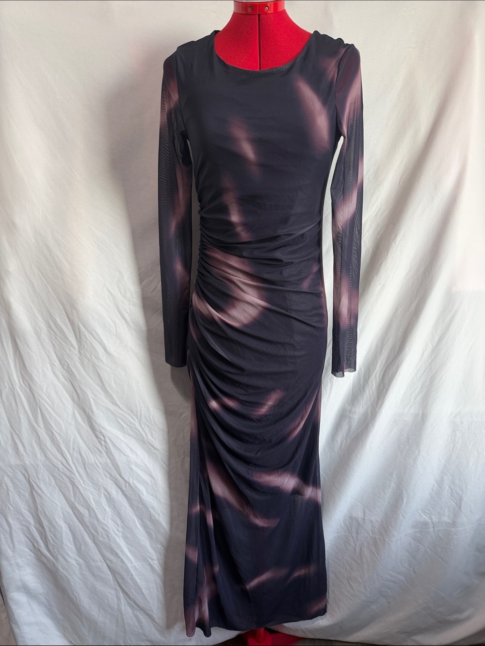 Ruched Long-Sleeve Maxi Dress in Black with Dusky Pink Swirl